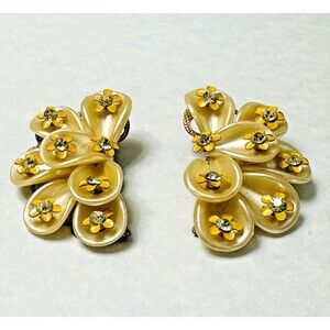 Vintage Thermoset Earrings Yellow Floral Rhinestone 1.5" Climber Clip On 1950s